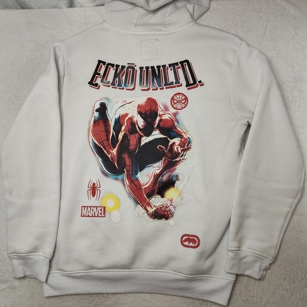 Ecko Marvel Hoodie Mens Medium White Spider-Man Fleece Pullover Hooded Pockets